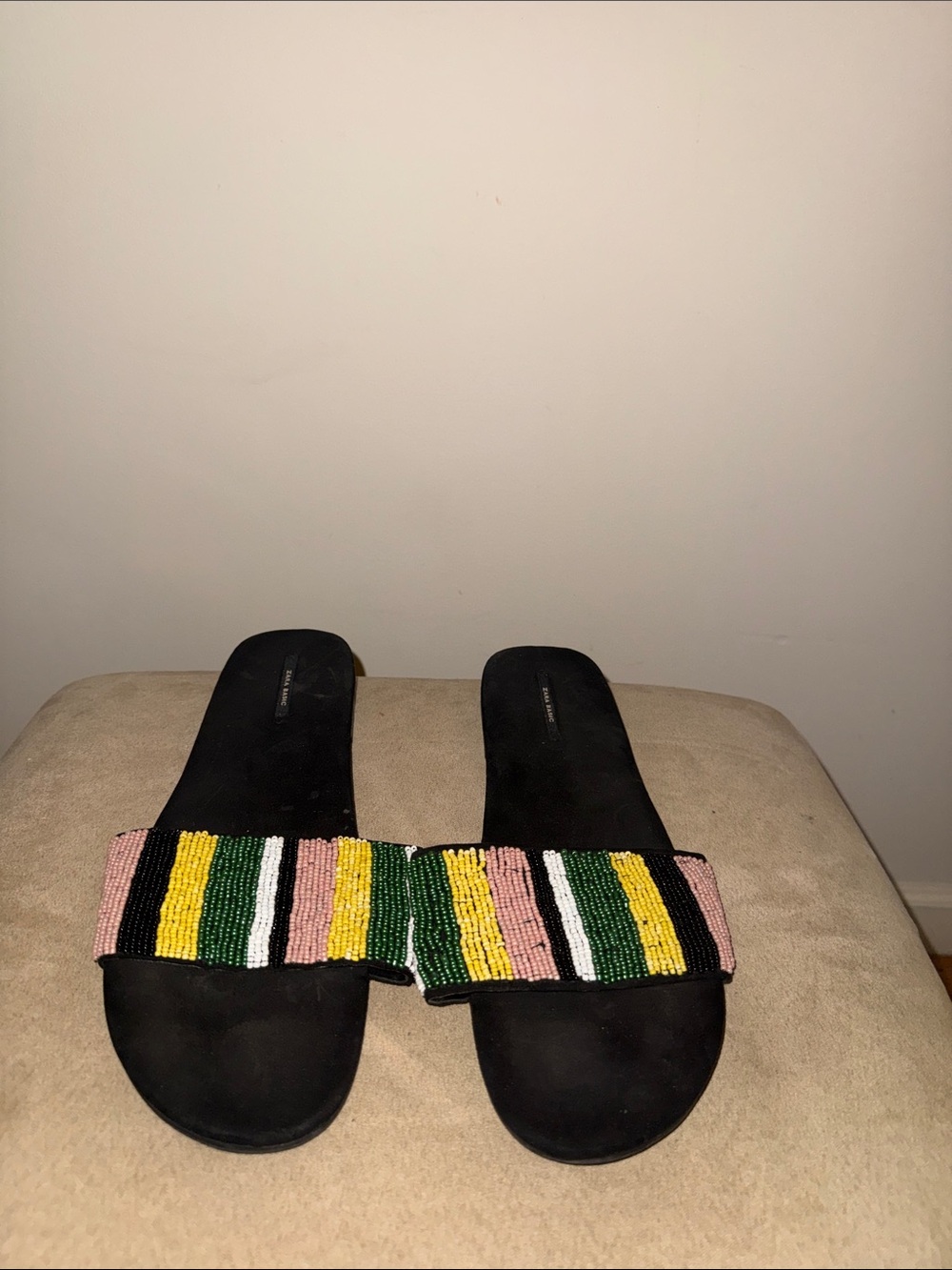 Zara Black Slide Sandals with Pink, Yellow & Green Beaded Straps